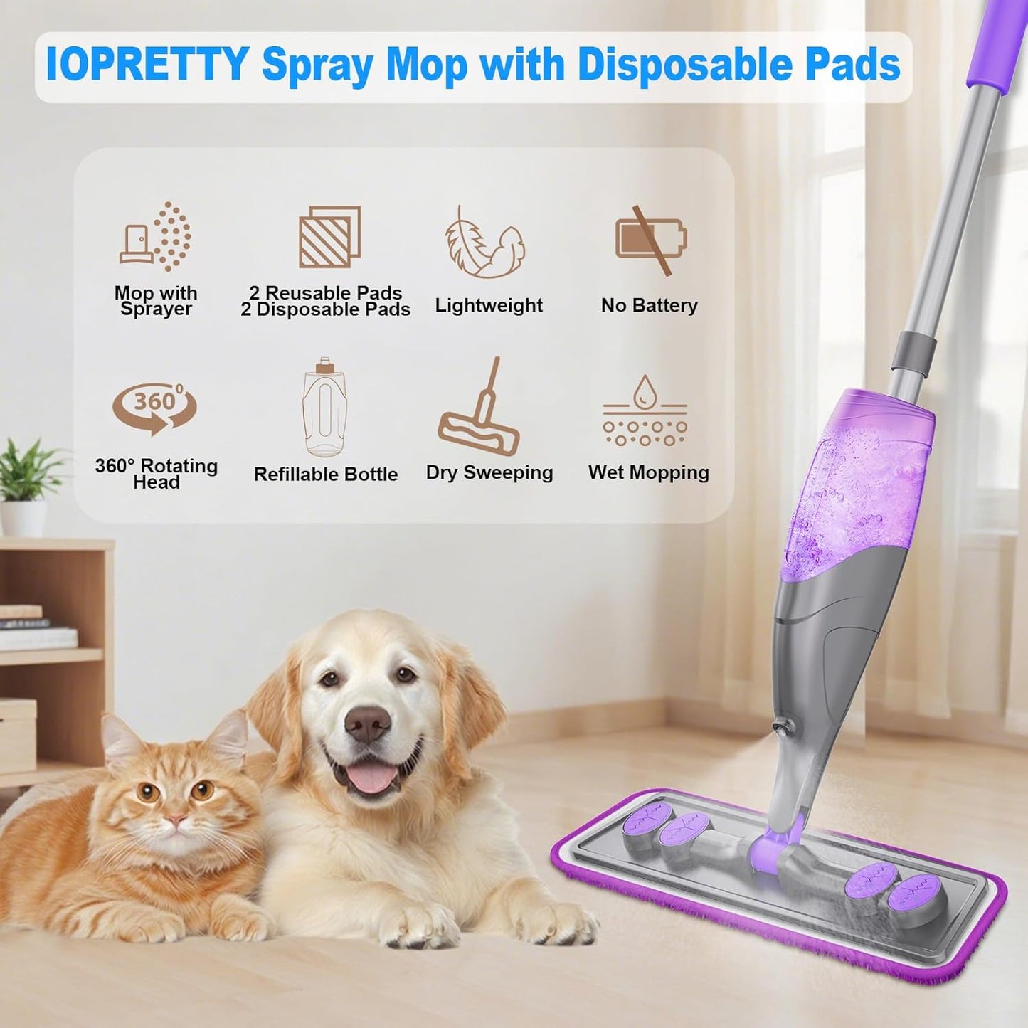 Spray Mops for Floor Cleaning - Wet Dry Mops with 2 Washable + 2 Disposable Pads for Swiffer Powermop - Refillable Bottle for Hardwood Tile Home Kitchen - Absorbs Pet Hair Dust Stains