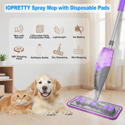 Spray Mops for Floor Cleaning - Wet Dry Mops with 2 Washable + 2 Disposable Pads for Swiffer Powermop - Refillable Bottle for Hardwood Tile Home Kitchen - Absorbs Pet Hair Dust Stains