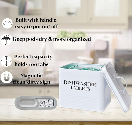 Farmhouse Dishwasher Pods Container with Lid – Metal Dishwasher Pod Holder for Kitchen Organization, Dish Pods Storage Box Holds Over 100 Pacs