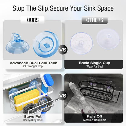 3-in-1 Kitchen Sink Caddy Organizer with Sponge Holder, Brush Holder, Extra Rack for Scrubber, Sink Stopper, Dish Cloth Hanger - Strong Dual Suction Cup, 2.0mm SUS304 Stainless Steel - Grey