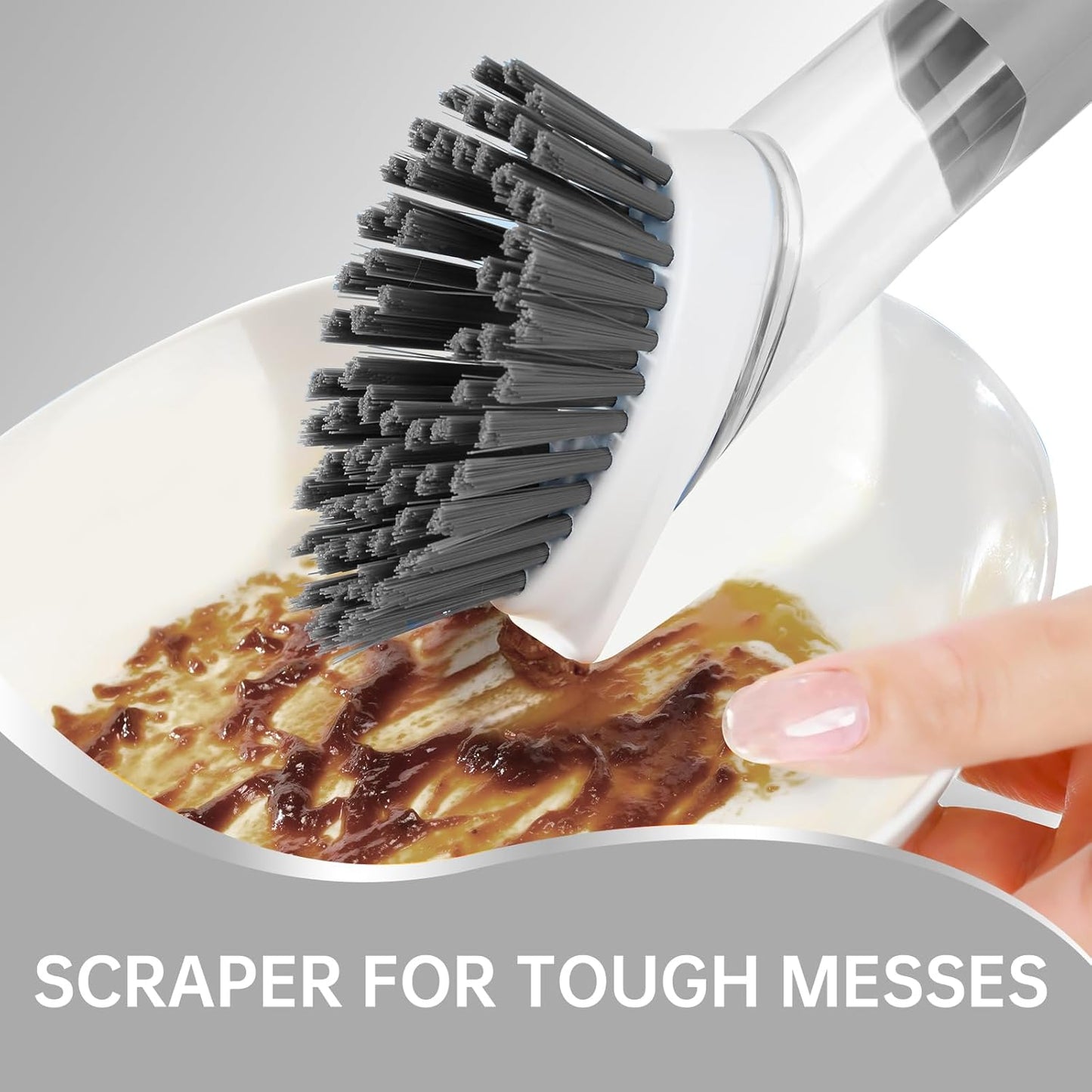 Soap Dispensing Scrub Brush - 4-in-1 Kitchen Cleaning Brush with Built-in Tank, Scraper Heads for Stubborn Grime on Pots Pans, Stand/Hang Storage-Blue