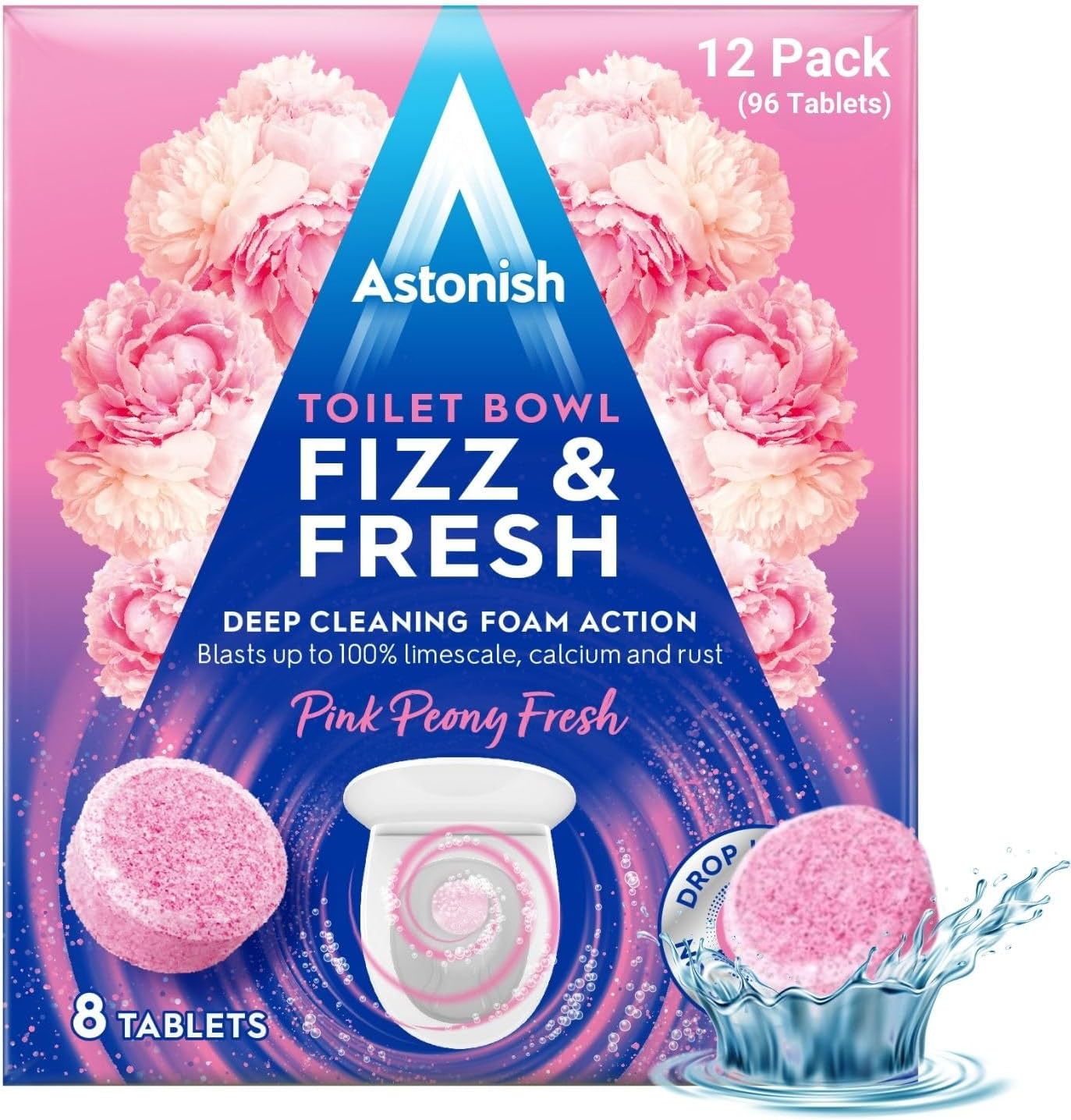Astonish Foaming Pink Peony Toilet Bowl Cleaner - Deep Cleaning Limescale, Calcium & Rust - No Bottle, Removes Hard Stains - Box of 8 Tablets