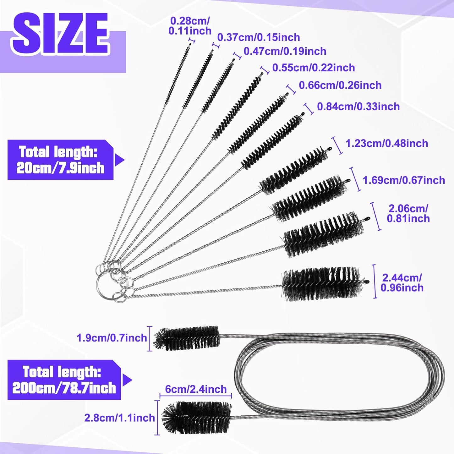 11 Pcs Flexible Drain Brush Set, 79 Inches Double Ended Tube Cleaning Brushes and 10 Pcs Different Sizes Straw Cleaning Brush Long Pipe Cleaners for Kitchen, Sink, Drain Pipe