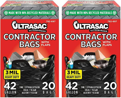 Ultrasac Contractor Bags 42 Gallon (20 PACK/w FLAP TIES), 32.75 x 44.5-3 MIL Thick Large Black Heavy Duty Industrial Garbage Trashbags for Professional Construction and Commercial use