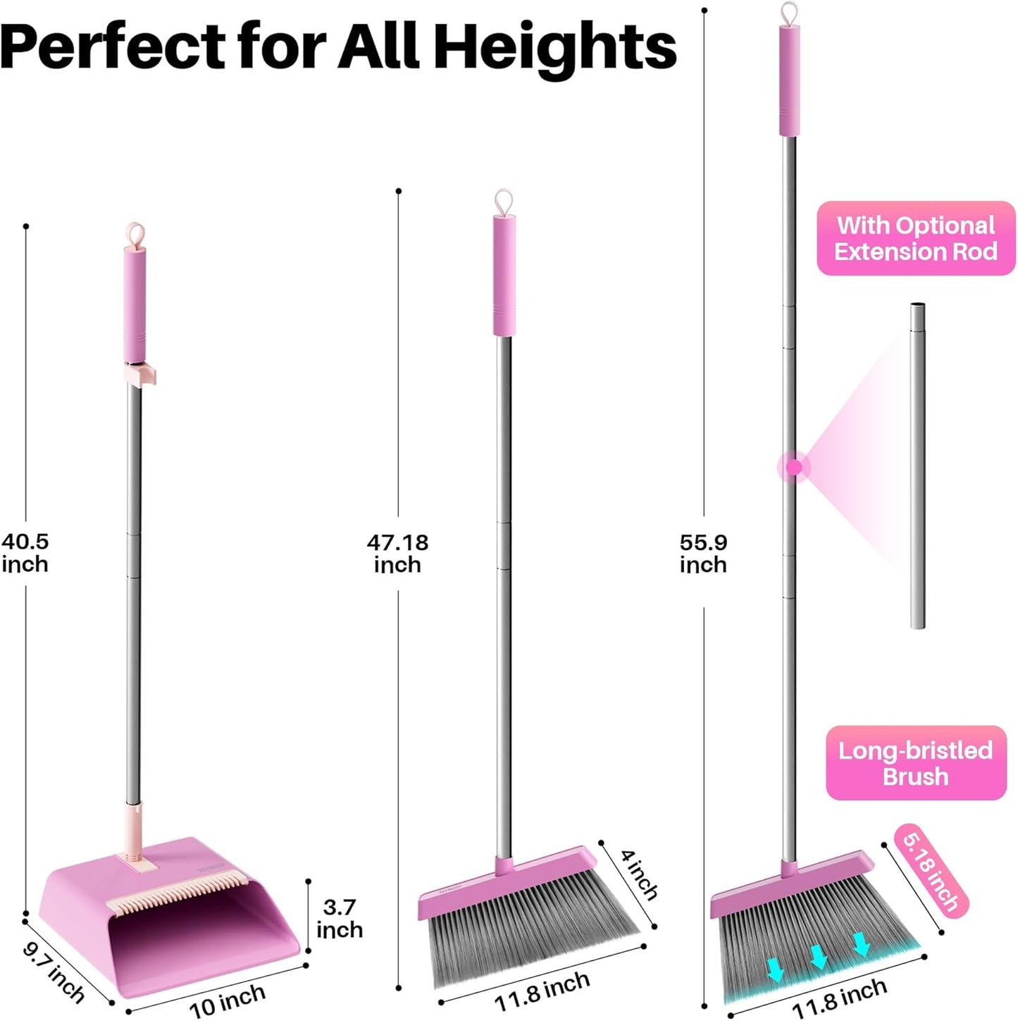 JOYMOOP White Broom and Dustpan Set, Upright Angle Design with Built-in Comb Teeth for Kitchen, Office, Pet Hair, Hard Floors