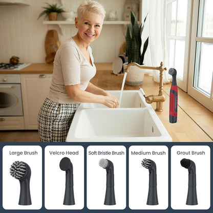 LifeBasis Cordless Electric Cleaning Brush, Mini Power Scrubber for Cleaning Waterproof Grout with 5 Brush Heads for Bathroom Kitchen Tile Crevice Corner - Red (Batteries Included)