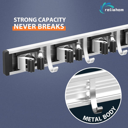reliahom Adjustable Broom Holder Wall Mount, Mop Storage Tool Racks, Broom Hanger Tool Organizer for Garage, Kitchen, Garden, Laundry Room, 4 Racks 5 Hooks Silver