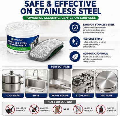 Stainless Steel Cleaner Paste, Heavy Duty Burnt Pan Cleaner for Pots, Stove, Sink & Cookware, Removes Grease & Stains with Scrubber & Steel Wool