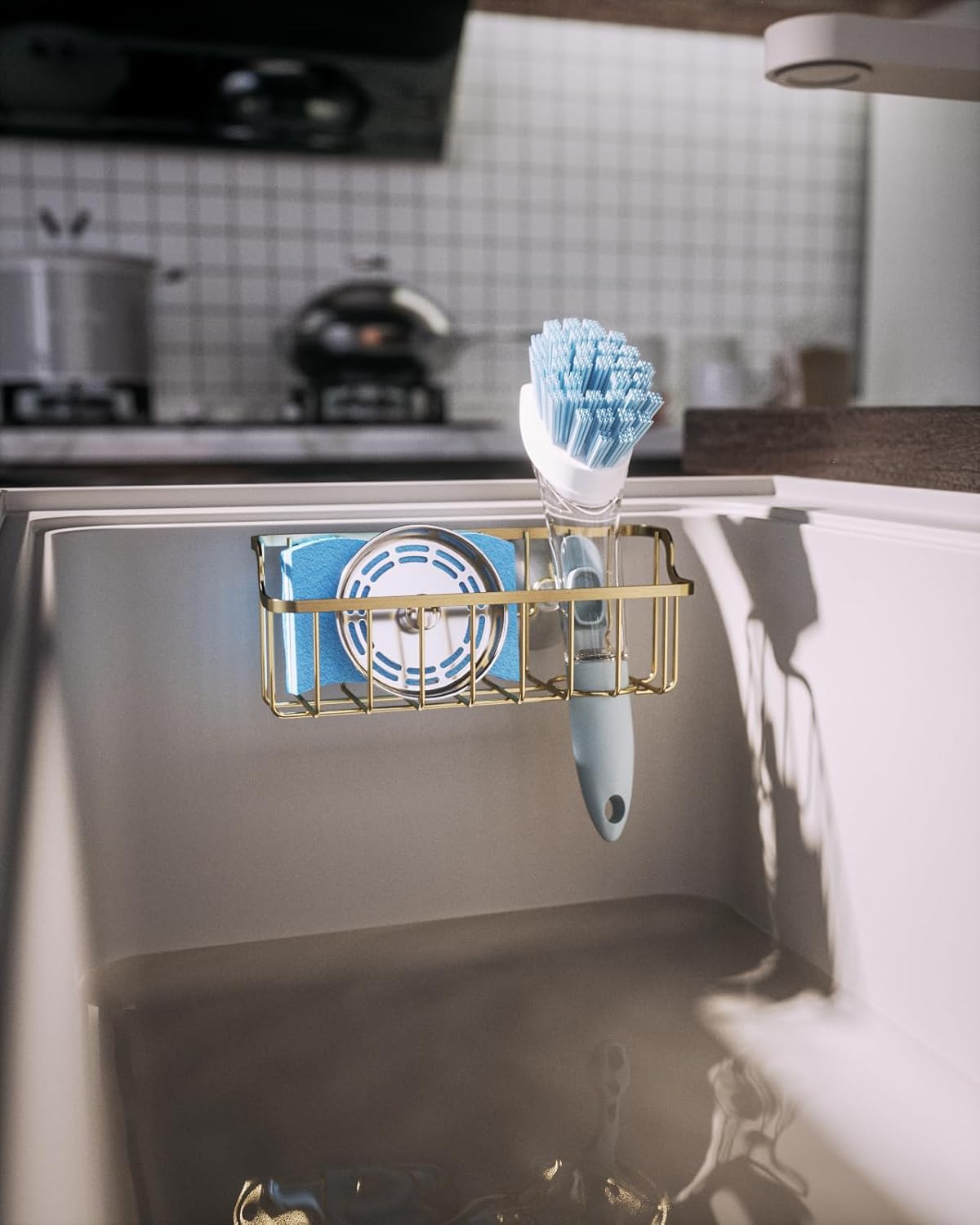 Consumest Sponge Holder Sink Caddy - Ladder Shaped Sponge Holder for Kitchen Sink with 2 Installation Ways (Suction Cups & Adhesive Hook), Rustproof Stainless Steel Kitchen Organizer, Silver