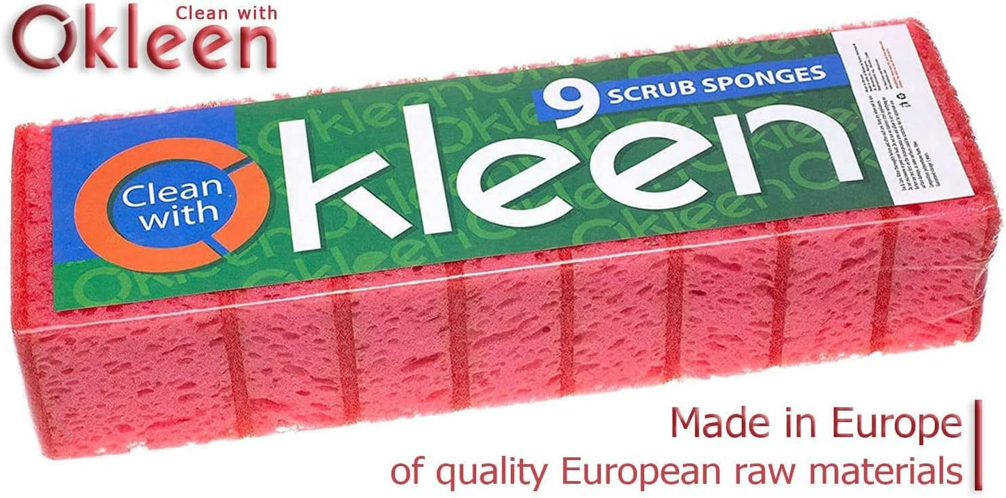 Green Multi Use Scrub Sponge. Made in Europe. 9 Pack, 4.3x2.8x1.4 inches. Odorless Heavy Duty and Non Scratch Fiber. Best, Durable, Delicate, Porous, Non Cellulose Kitchen Sponges and Scrubbers