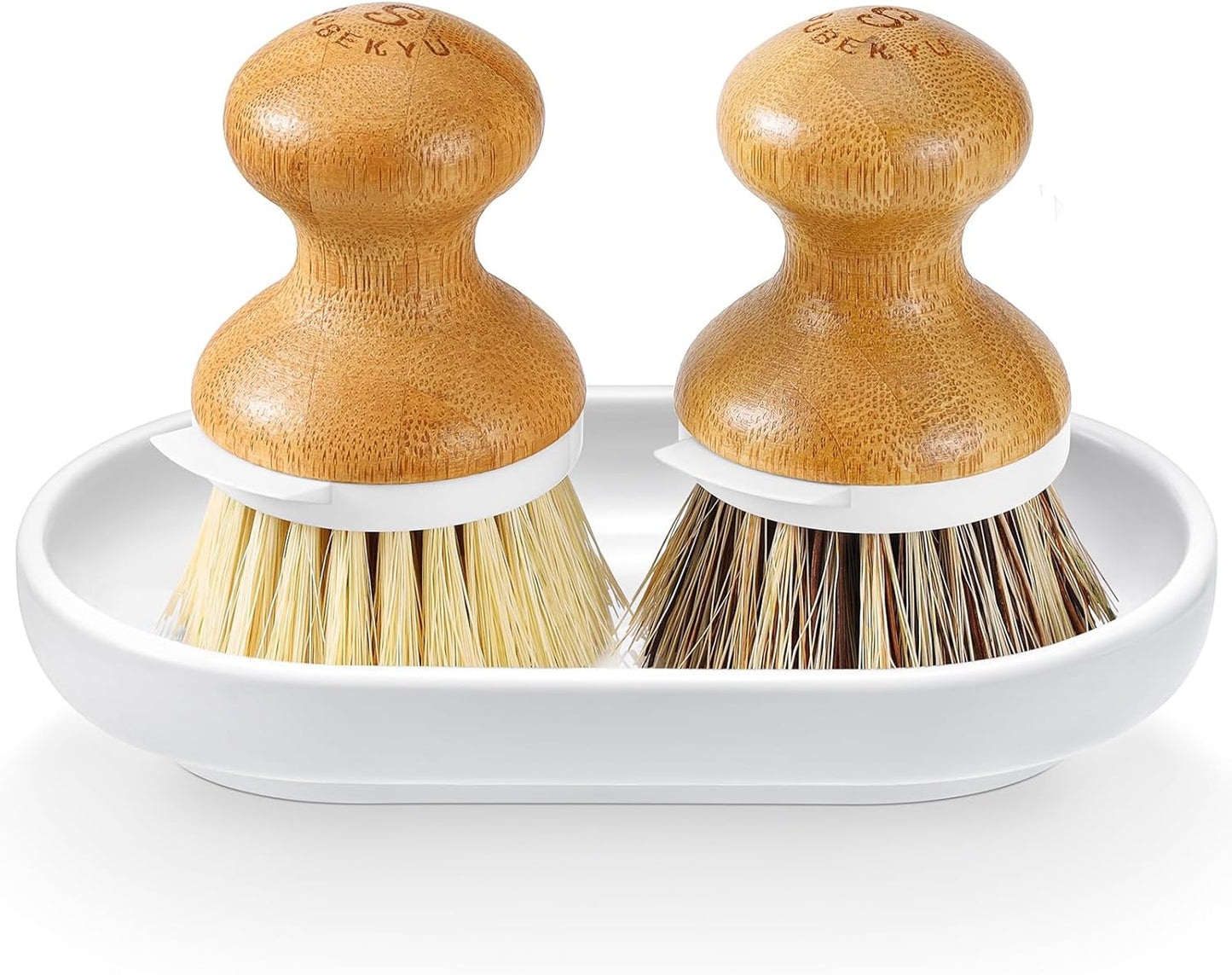 SUBEKYU Bamboo Dish Brush, Kitchen Dish Scrubber Brush, Natural Wooden Dishwashing Brush for Cleaning Dishes/Pans/Pots, Built-in Scraper, Sisal Bristles,1 Set