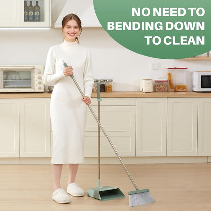 JOYMOOP White Broom and Dustpan Set, Upright Angle Design with Built-in Comb Teeth for Kitchen, Office, Pet Hair, Hard Floors