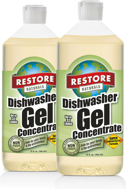 Restore Naturals Non Toxic Dishwasher Detergent - 32 Fl Oz - Unscented Dishwasher Detergent | Eco Friendly | Plant Based | Biodegradable | Cruelty Free - 2 Pack