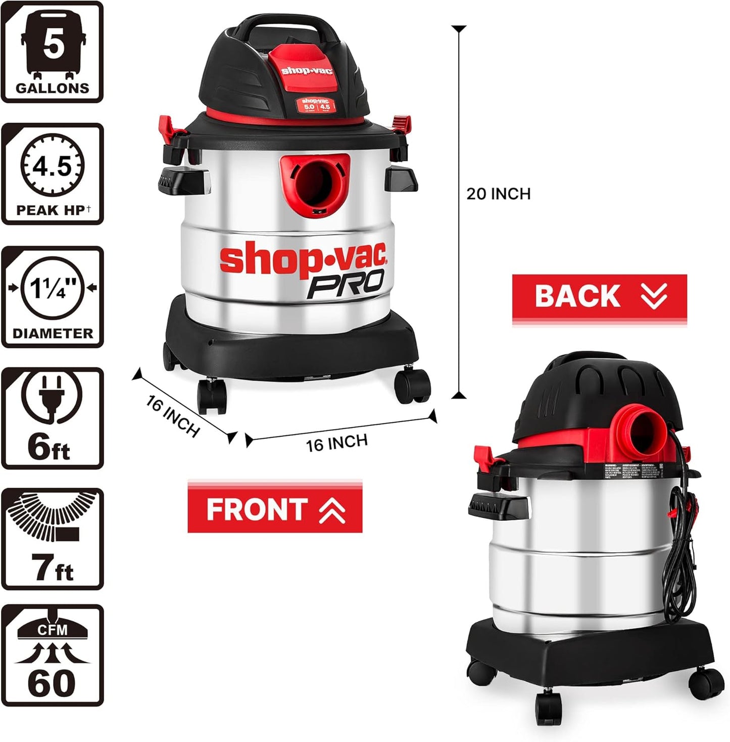 Shop-Vac 12 Gallon 6.0 Peak HP Wet/Dry Vacuum, Stainless Steel Tank, 3 in 1 Function Portable Shop Vacuum with Attachments, Drain Port, Ideal for Jobsite, Garage & Workshop. 5926211