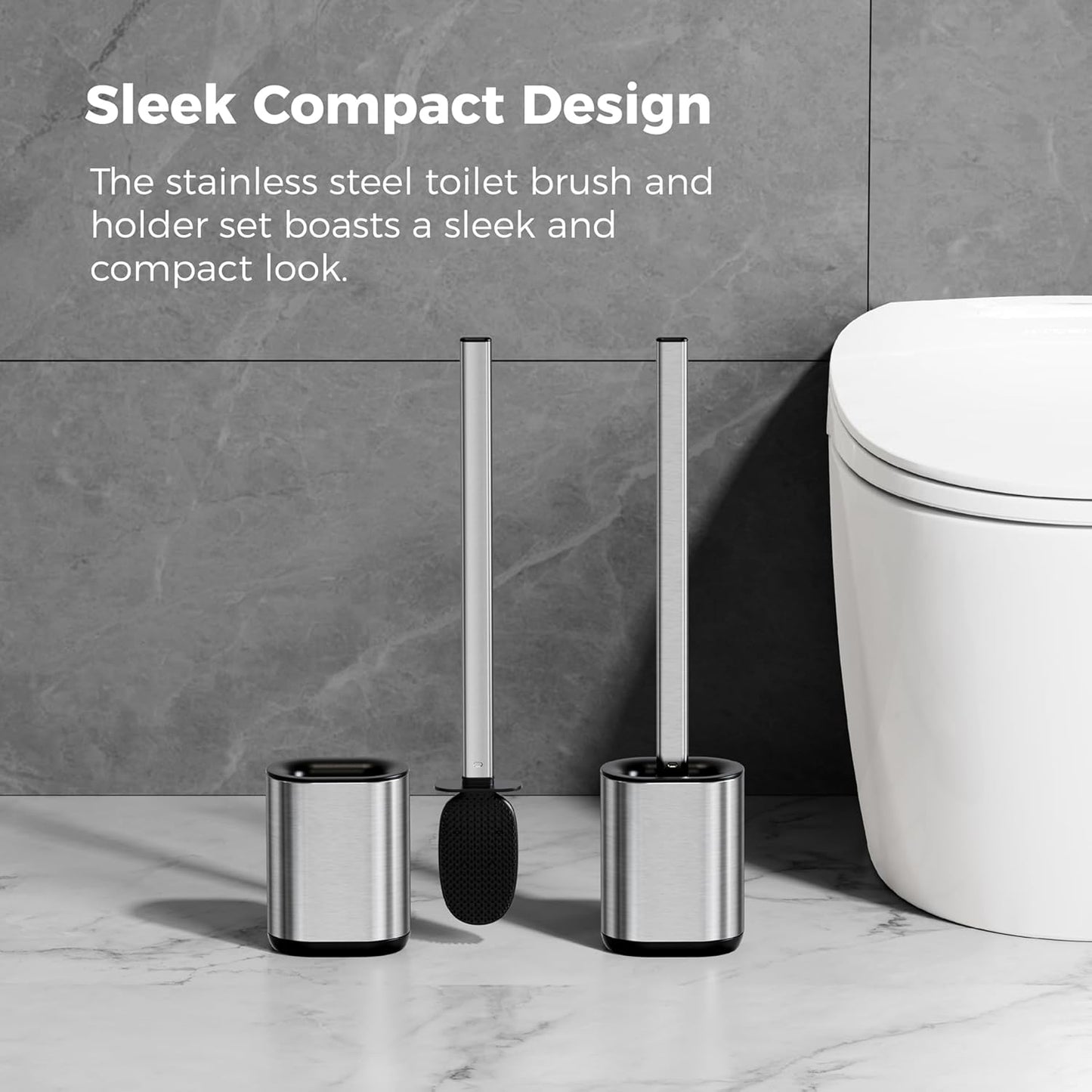 Sineng Silicone Toilet Brush and Holder Set, Stainless Steel Toilet Cleaning Brush, One-Piece Long Handle, Flexible Compact Modern RV Toilet Bowl Brush for Bathroom