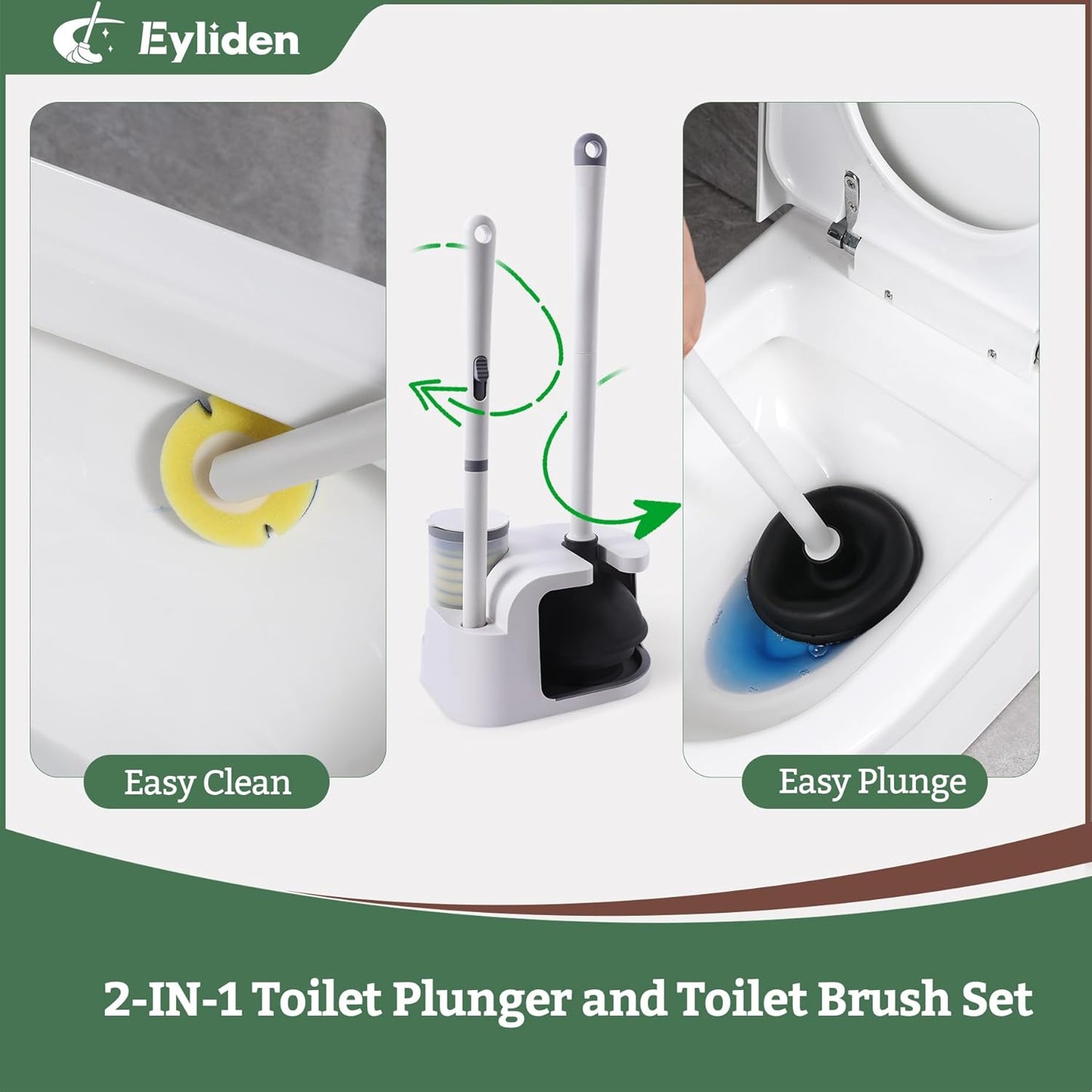 Eyliden Toilet Brush and Plunger Combo Set | 2-in-1 Disposable Toilet Bowl Wand Kit with 10 Refill Heads, Toilet Plunger, Compact Storage Holder | Bathroom Cleaning System for Home, White
