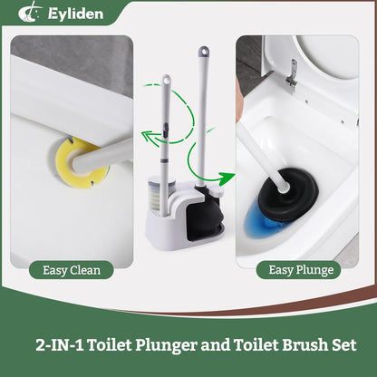 Eyliden Toilet Brush and Plunger Combo Set | 2-in-1 Disposable Toilet Bowl Wand Kit with 10 Refill Heads, Toilet Plunger, Compact Storage Holder | Bathroom Cleaning System for Home, White