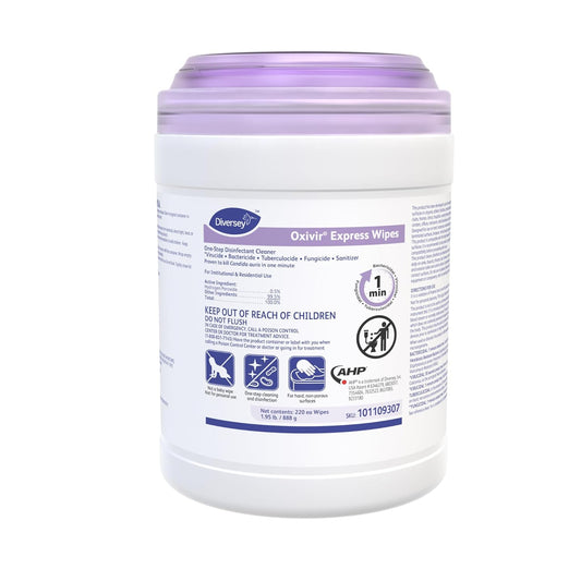 Diversey Oxivir Express Wipes 101109307 - One-Step Disinfectant Fragrance-Free Cleaner Wipes, Fast Acting, Standard Sheets, Unscented 220-Wipes, 1-Canister