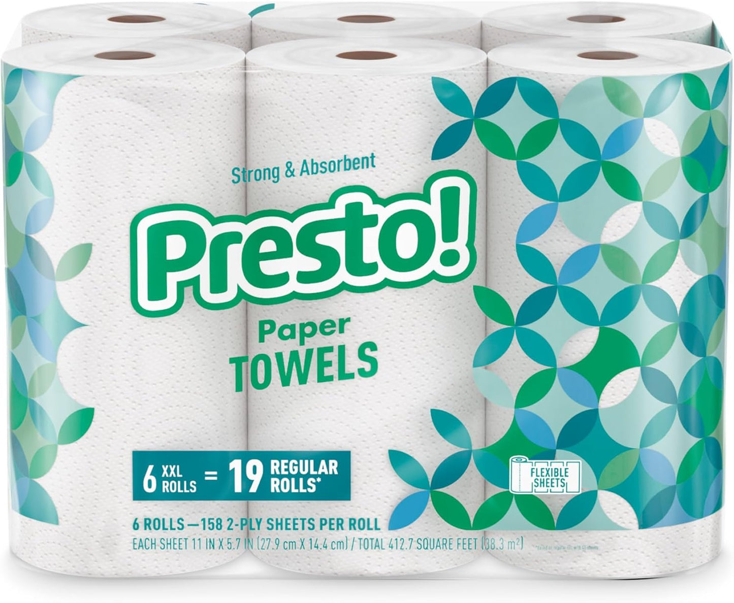 Amazon Brand - Presto! Ultra-Strong Premium Paper Towels, 158 Sheet Huge Roll - Flex-a-Size, 12 Rolls (2 Packs of 6), Equivalent to 38 Regular Rolls, White