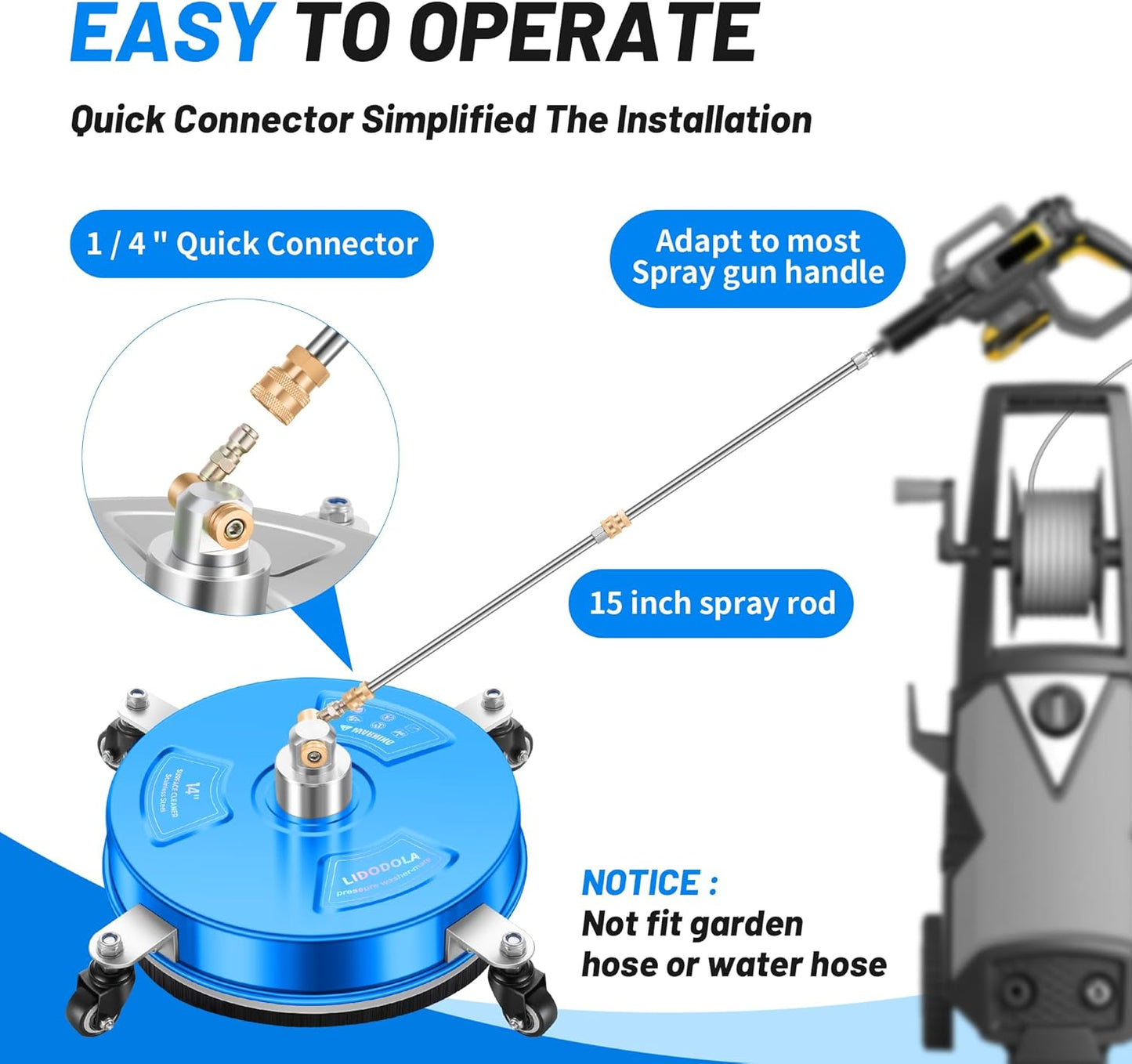14" Pressure Washer Surface Cleaner with 4 Wheels - Stainless Steel Surface Cleaner for Pressure Washer Attachment for Concrete, Patio, Sidewalk, Deck and Driveways - PWS14
