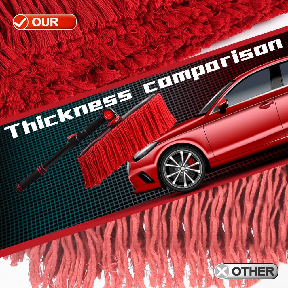 Car Duster Exterior with Extendable Handle, Scratch Free Auto Wash Brush Mop, Interior Detailing Kit for Truck RV Boat - Wax Cotton Duster & Interior Brush, Red