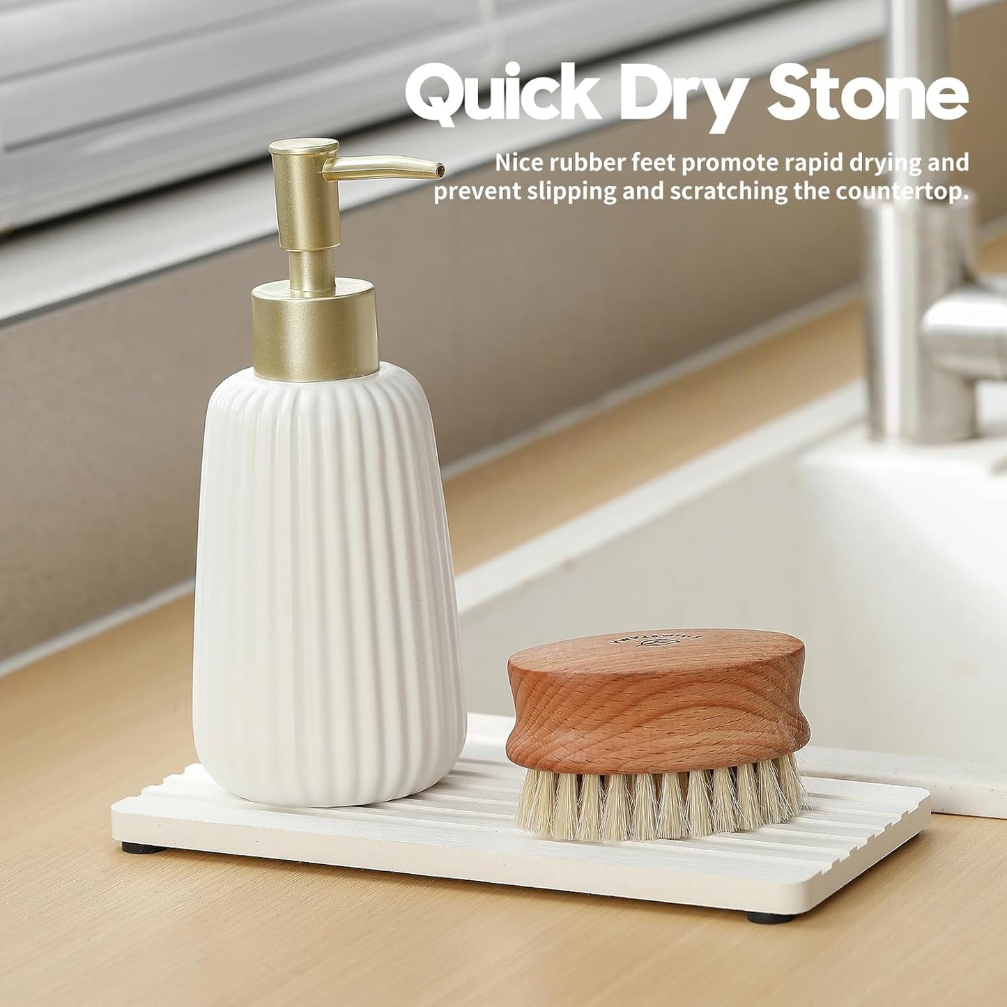 2PCS Water Absorbing Stone Drying Tray Mat for Bathroom Sink & Kitchen Counter Faucet Organizer, Quick Dry Dish Rack Soap Dispenser Sponge Holder, Vanity Sink Caddy Bar Coaster, Ivory White 8“x 4”