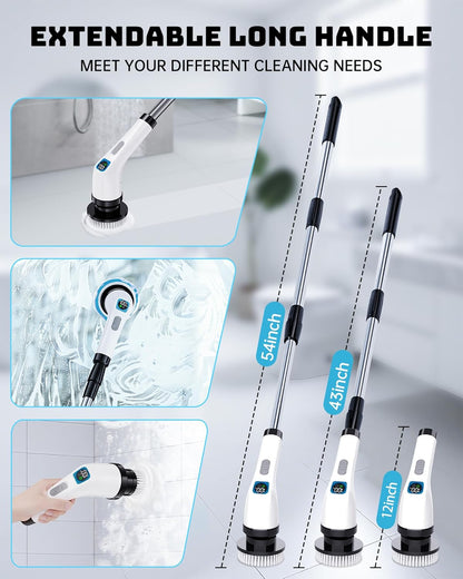 Electric Spin Scrubber for Cleaning Bathroom - Shower Cleaner Brush with Long Handle - Cordless Power Scrubber with 7 Brushes Heads, IPX7 Waterproof Scrub Brush for Bath Tub Tile Grout Glass Tool