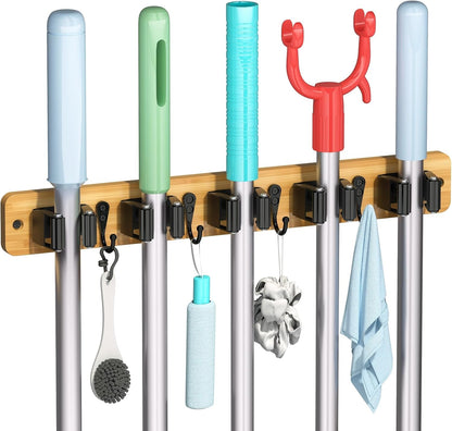 IMILLET Broom Holder Wall Mount, Rustic Wood Broom Hanger with 5 Racks and 4 Hooks, Laundry Room Organization and Storage, Mop Holder for Home Decor, Garden, Garage, Kitchen, Closet