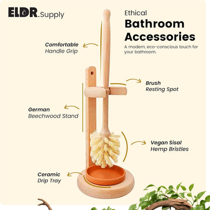 ELDR Supply Toilet Bowl Cleaner Brush with Holder, 14 Inch Extra Long German Beechwood Handle, Strong Hemp Bristles, Ceramic Drip Tray, Biodegradable