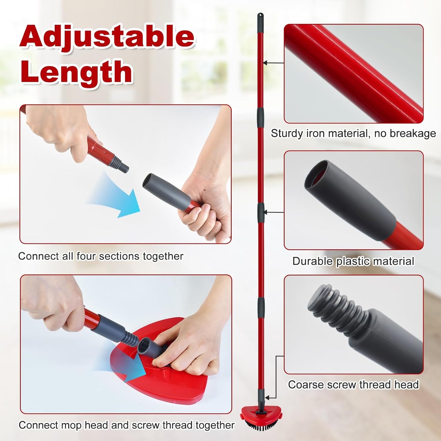 Mop Handle for Ocedar, Spin Mop Handle for O Cedar, 4-Section 30" to 58" Extendable Mop Handle Replacement for Ocedar, Mop Stick and Base for Ocedar Floor Cleaning, American Threaded Joint