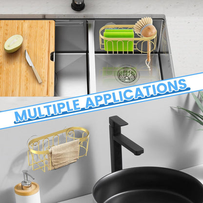 2Pcs Sponge Holder for Kitchen Sink, Gold Suction Cup Caddy, No-Drilling & Easy to Remove, 304 Stainless Steel, Heat-Resistant Sponge and Brush Holder, Bathroom Safe, Fit for Sponge/Soap/Dish Cloth