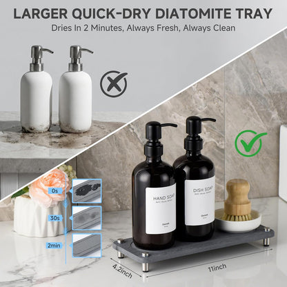 2 Pack Kitchen Soap Dispenser Set - 16oz Amber Glass Dish and Hand Soap Dispenser with Stainless Steel Pump, Instant Dry Tray, Dish Brush & Holder, Refillable Countertop Sink Decor for Kitchen & Bath