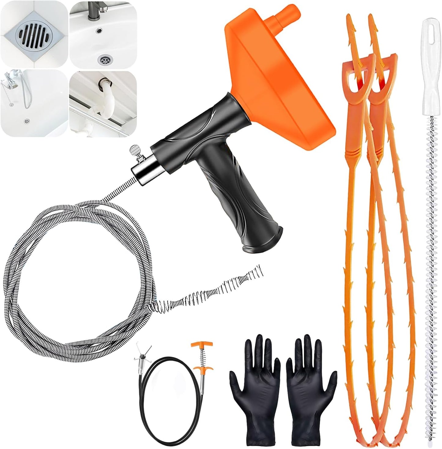 Drain Snake Auger 33 Ft, Heavy Duty Plumbing Snake for Toilet, Sink, Tub, and Shower, Clog Remover Drain Cleaner Tool with Gloves