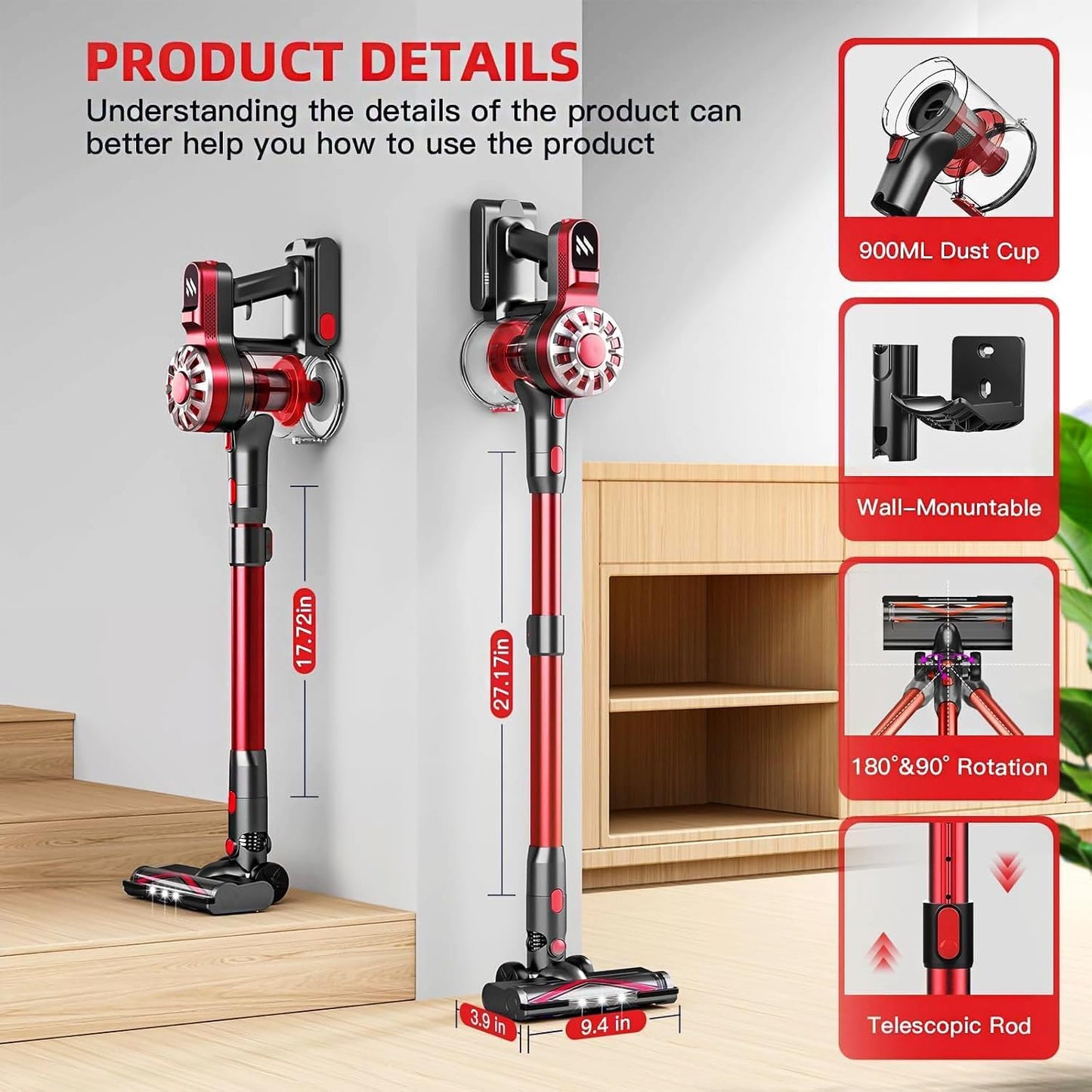 WLOTPO Cordless Vacuum Cleaner for Home,Lightweight Stick Vacuum Cordless Rechargeable with Power Suction, Up to 35 Mins Runtime, Hardwood Floor Vacuum for Pet Hair,Carpets,Tile(Cherry Red)