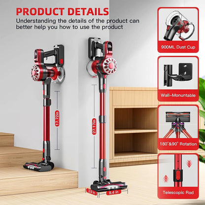 WLOTPO Cordless Vacuum Cleaner for Home,Lightweight Stick Vacuum Cordless Rechargeable with Power Suction, Up to 35 Mins Runtime, Hardwood Floor Vacuum for Pet Hair,Carpets,Tile(Cherry Red)