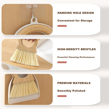 Mini Broom and Dustpan Set Bamboo Broom with Dustpan Combo Set Portable Hand Sweeper for Office Kitchen Dorm Home Quick Cleanups (White)