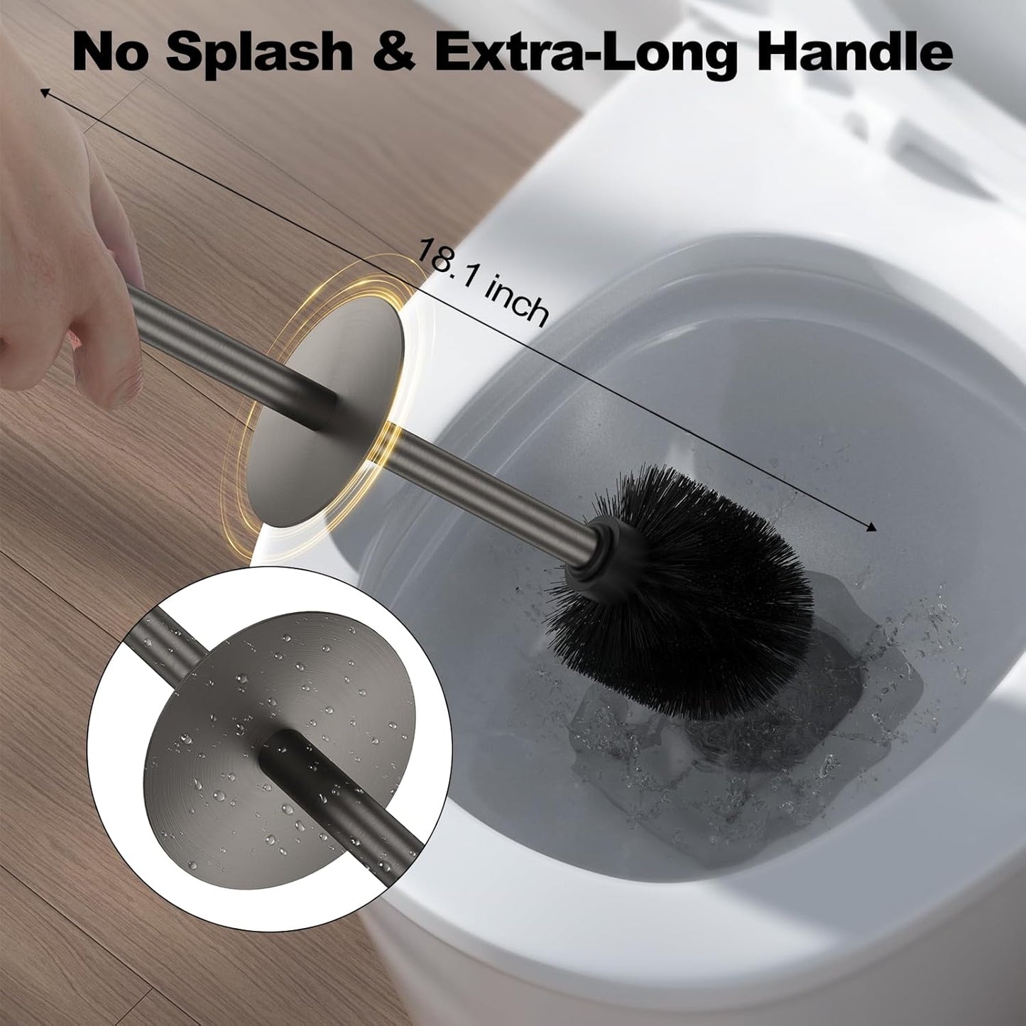 Bronze Toilet Brush and Holder Set，Stainless Steel Heavy Duty Toilet Bowl Brush，Extra Long Handled Modern Toilet Cleaner Brush, Removable Inner Bowl, and Splash Protection