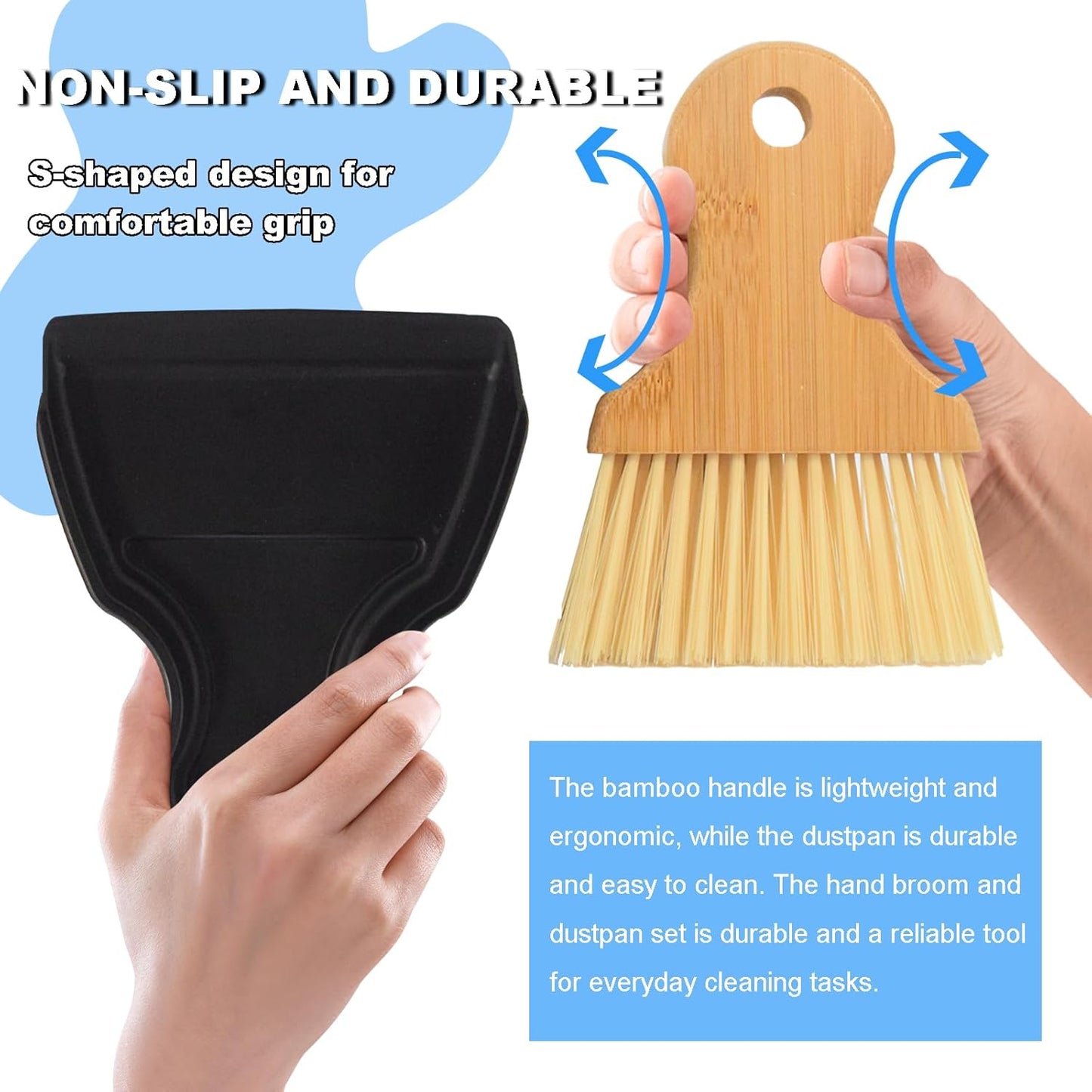 Mini Broom and Dustpan Set Portable Hand Broom with Bamboo Handle Small Crumb Sweeper for Home, Bathroom, Kitchen, Car Interior, Office, Pet Areas (White)