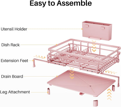 SNTD Dish Drying Rack - Extendable Dish Rack, Large Sink Drying Dish Drainer for Kitchen Counter, Stainless Steel Dish Strainer with Utensil Holder (Black)