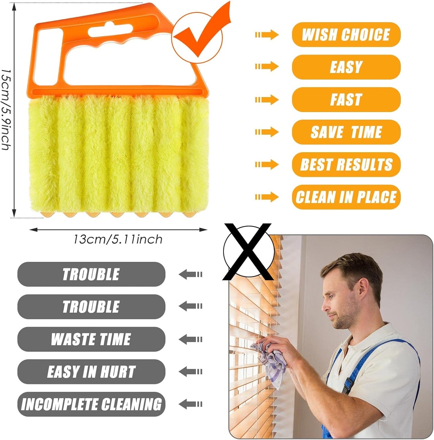Geiserailie 1 Pcs Window Venetian Blind Cleaner Duster Tool Washable 7 Fingers Dusting Cleaner and Air Vent Shutter Brush Blinds Air Conditioner Fan Duster Dirt Housekeeping Tool (Orange)