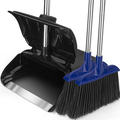 Indoor/Outdoor Heavy Duty Broom and Dustpan Set,Upright Plastic Commercial Dust Pan with 2 Brooms Perfect for Sweeping Courtyard Garage Lobby Kitchen Office Mall Market Shop Floor