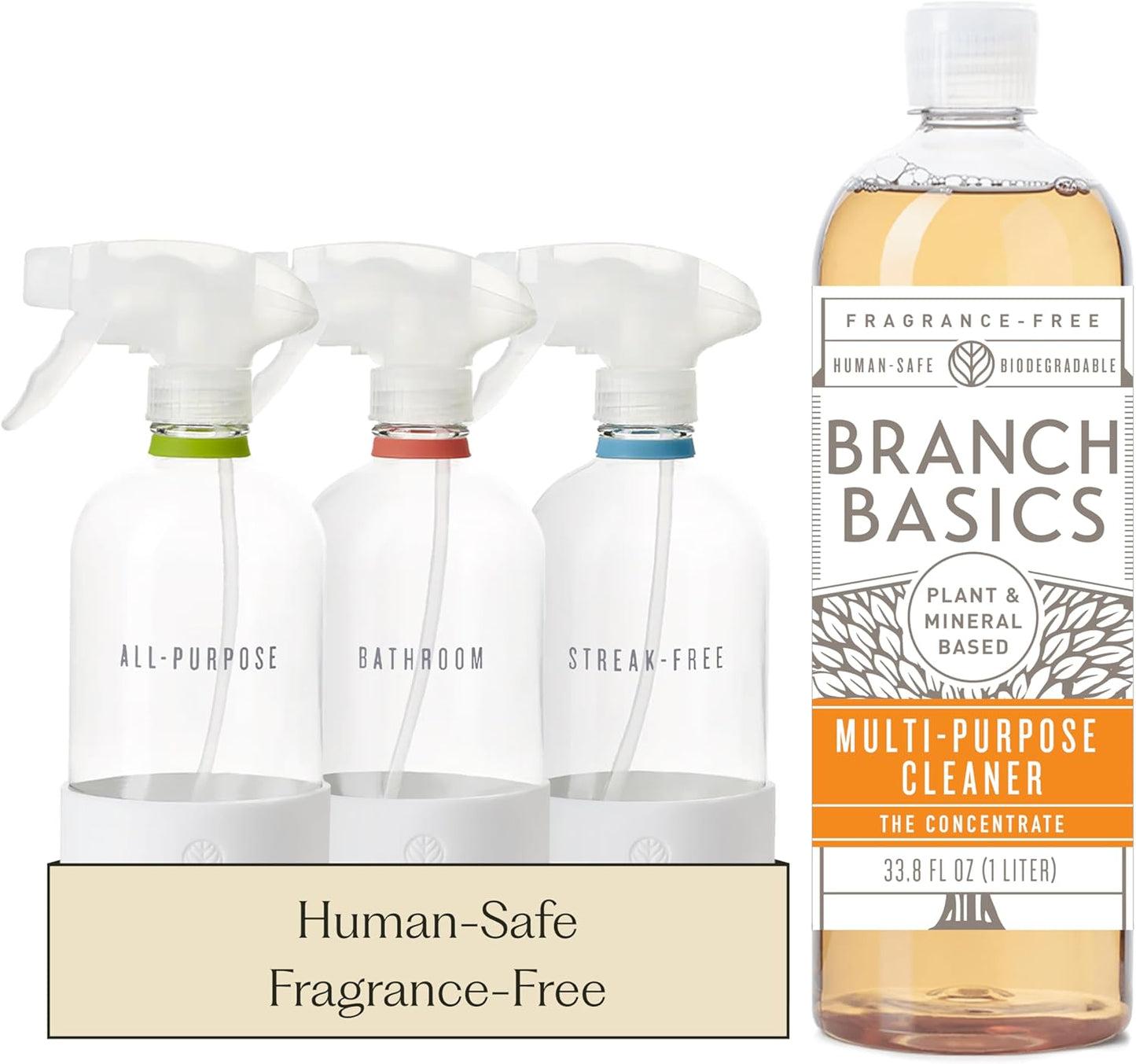 Branch Basics Cleaning Essentials Kit: All Purpose, Glass and Bathroom Cleaner - Concentrate (33.8 Oz) (17 Refills) + Refillable Plastic Spray Bottles (24 Oz) Plant Based, Human-Safe, & Fragrance Free