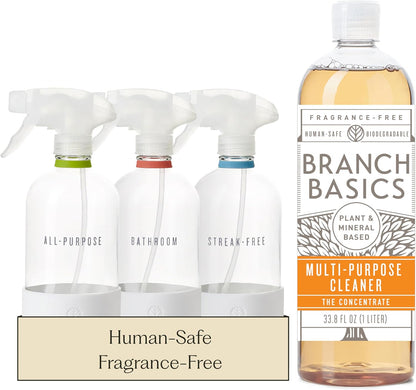 Branch Basics Cleaning Essentials Kit: All Purpose, Glass and Bathroom Cleaner - Concentrate (33.8 Oz) (17 Refills) + Refillable Plastic Spray Bottles (24 Oz) Plant Based, Human-Safe, & Fragrance Free