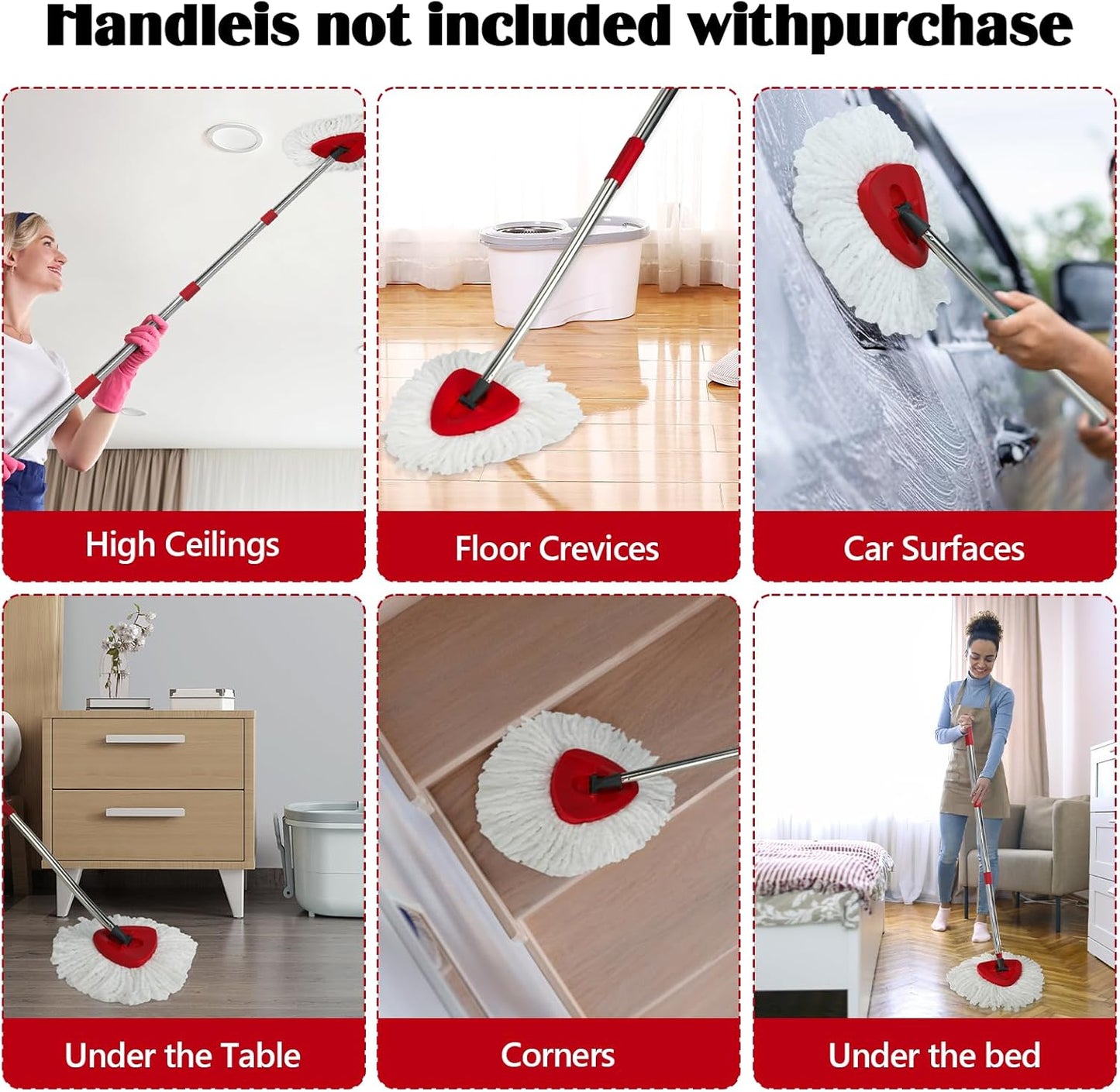 Spin Mop Replacement Set for O-Ceda RinseClean 2-Tank System, 16 Microfiber Spin Mops Refills,1 Scrubber Head,1 Triangle Spin Base,and(31-63in) Adjustable Handle Set Combo
