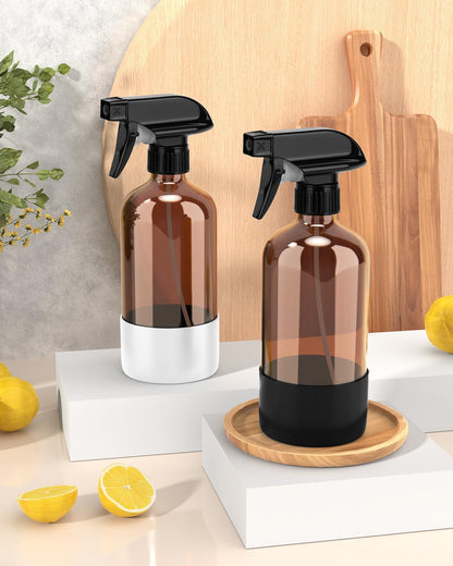 Bontip Glass Spray Bottle with Silicone Sleeve Protection, Amber Glass Spray Bottle Set for Window Cleaner Aromatherapy Facial Hydration Watering Flowers Hair Care 2 Pack/16 oz (Black & Brown)