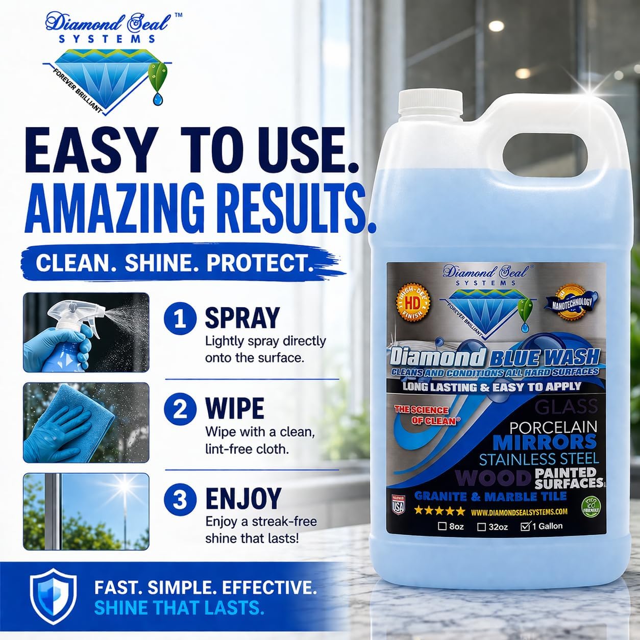 Made in the USA. Diamond Blue Repellent Wash Multi Surface. Cleans,Shine Best Cleaner for Glass, Granite, Countertops Wood & Stainless Steel. Direct from the Manufacturer 32oz Easy to use spray bottle
