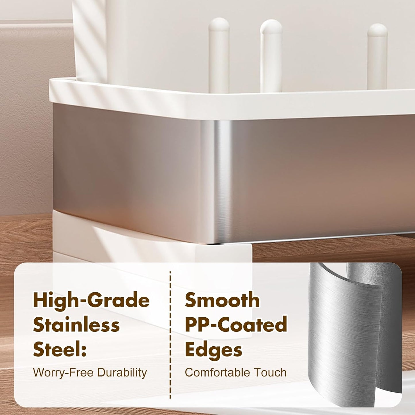 Sink Caddy, Stainless Steel Sink Caddy with Brush Holder, Kitchen Sink Caddy Dishcloth Rack and Holds Soap Dispenser, Sink Organizer Auto-Drain Rustproof Countertop Organizer (White)