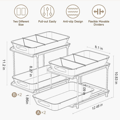 Sevenblue 4 Pack Under Sink Organizer, Bathroom Organizers and Storage, 2 Tier Multi-Use Pull Out Cabinet Organizer with Hang Hooks and Cups (Black, 4 Pack)