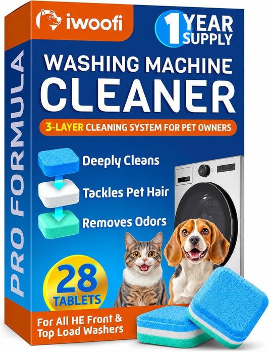 Washing Machine Cleaner Tablets for Pet Owners Pro – Front & Top Load HE Washers – Removes Pet Hair Buildup Eliminates Odors & Residue – 28 Tablets 1-Year Supply – Septic Safe Deep Clean