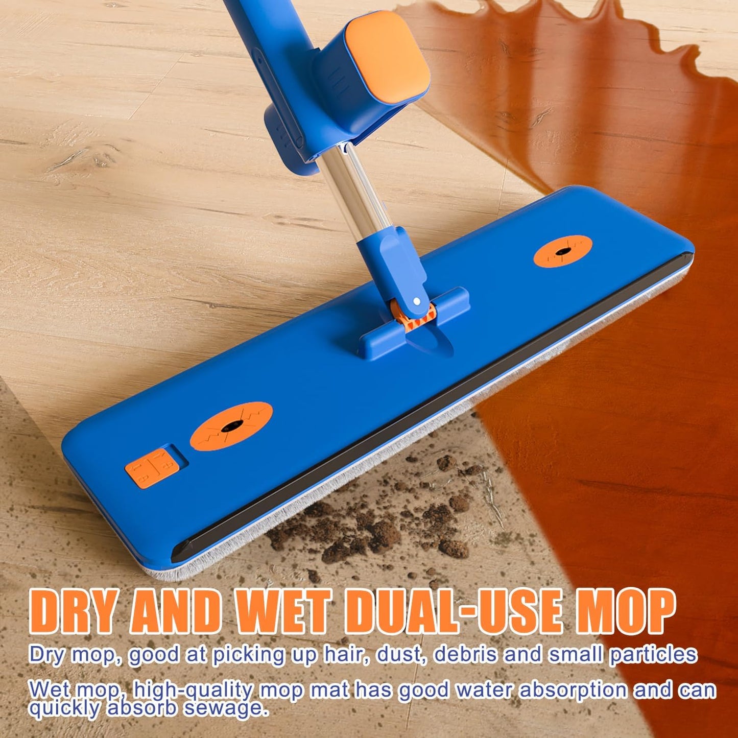 Self Wringing Microfiber Flat Mop and Bucket System with 16.5" Large Head and 55" Long Handle for Floor Wall Cleaning, 5 Microfiber Pads and Foldable Bucket, Wet and Dry